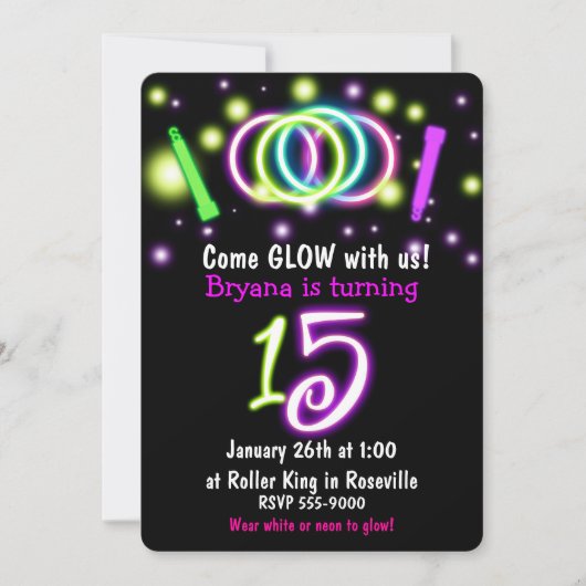 GLOW Lights 15th Birthday Party Age 15招待状 招待状 (正面)