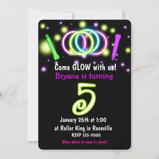 GLOW Lights 5th Birthday Party Age 5招待状 招待状 (正面)