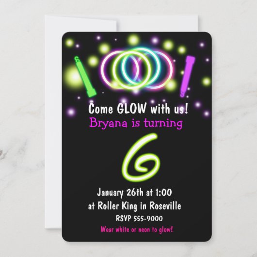 GLOW Lights 6th Birthday Party Age 6招待状 招待状 (正面)