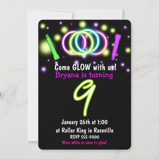 GLOW Lights 9th Birthday Party Age 9招待状 招待状 (正面)