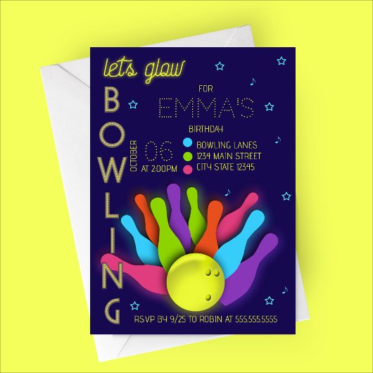 Glow Neon Bowling Birthday Invitation 招待状
