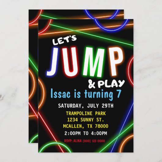 Glow Neon Let's Jump Birthday Party Invitation 招待状 (正面/裏面)