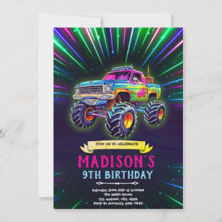 Glow neon monster truck invitation 招待状