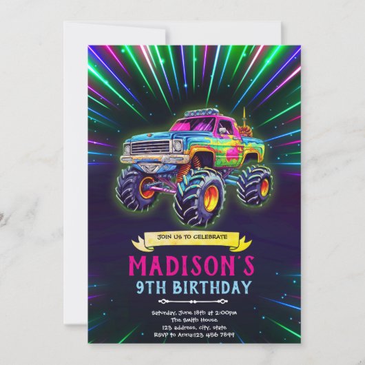 Glow neon monster truck invitation 招待状 (正面)