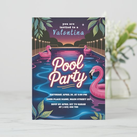 Glow Night Pool Party Birthday 招待状 (スタンド正面)