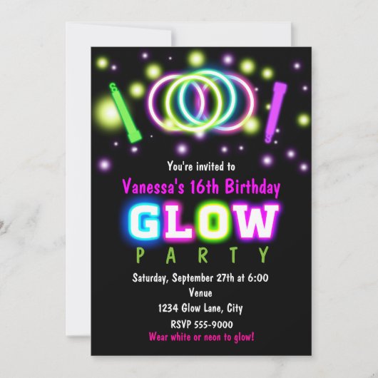 GLOW PARTY 誕生日 ネオン ブラックライト インビテーション (正面)