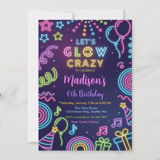 Glow Party Birthday Invitation, Neon Glow Theme 招待状 (正面)