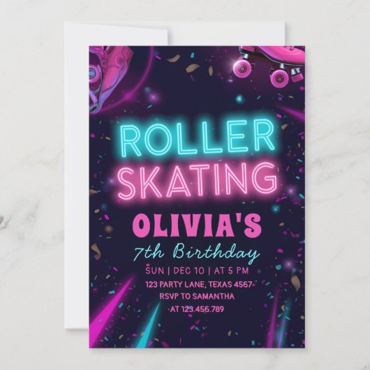 Glow Roller Skating Birthday | Neon Lights Party 招待状 (正面)