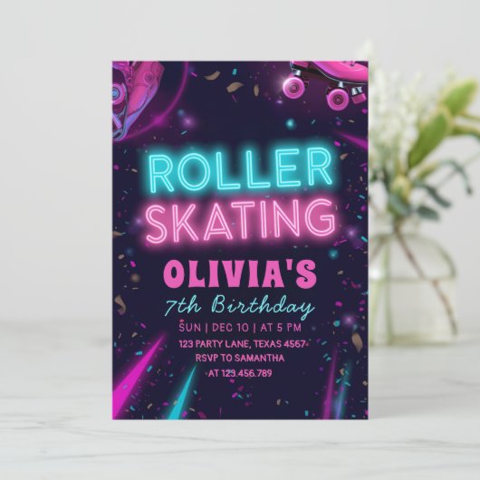 Glow Roller Skating Birthday | Neon Lights Party 招待状 (スタンド正面)