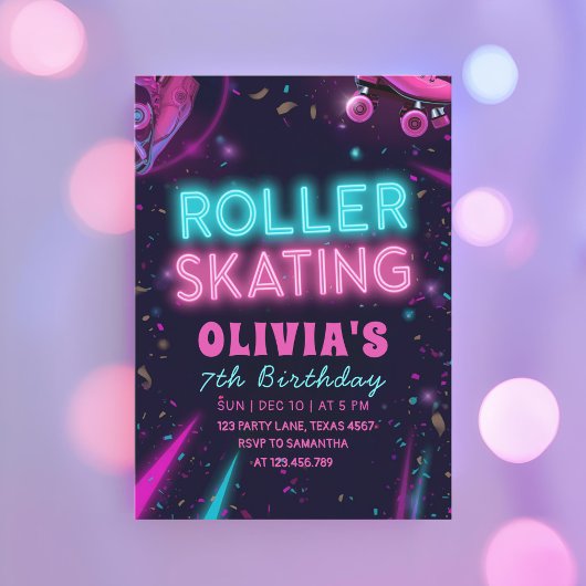 Glow Roller Skating Birthday | Neon Lights Party 招待状