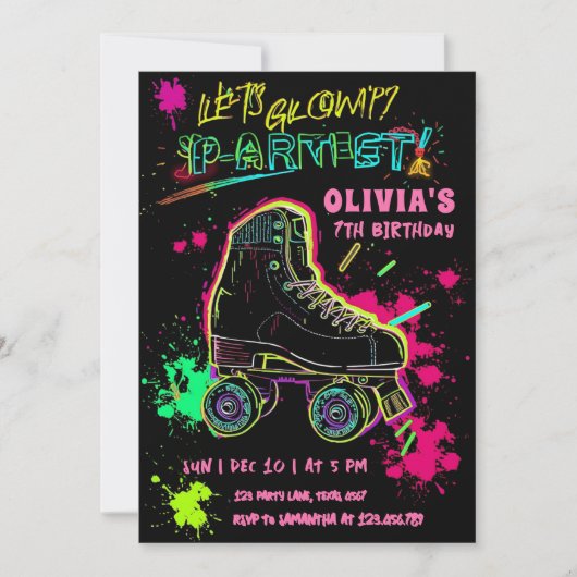 Glow Roller Skating Birthday | Neon Party 招待状 (正面)