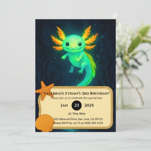 Glowing Axolotl in Deep Waters Birthday 招待状 (スタンド正面)