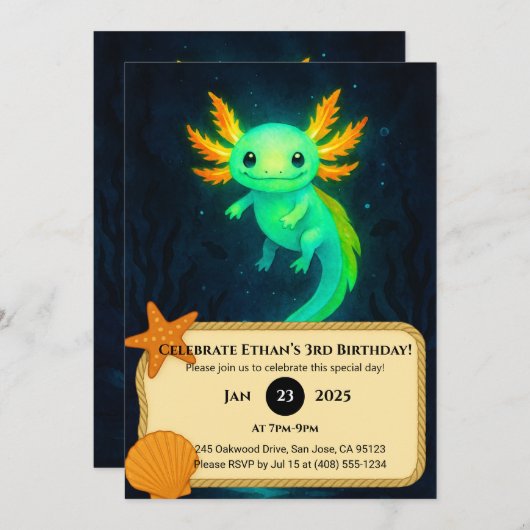 Glowing Axolotl in Deep Waters Birthday 招待状 (正面/裏面)