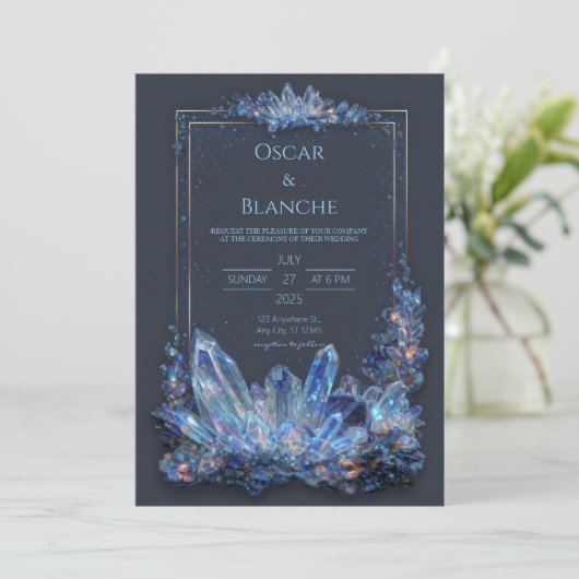 Glowing Blue Mineral Gilded Double Frame Wedding 招待状 (スタンド正面)