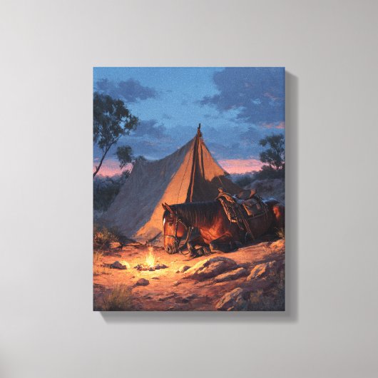 Glowing Campfire Tent Sunset Painting キャンバスプリント (正面)