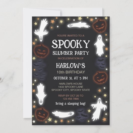 Glowing Ghosts Pumpkins Bats Spooky Slumber Party 招待状 (正面)