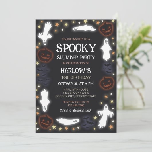 Glowing Ghosts Pumpkins Bats Spooky Slumber Party 招待状 (スタンド正面)