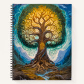 Glowing Gold Blue Yggdrasil Fantasy Tree Art ノートブック (正面)