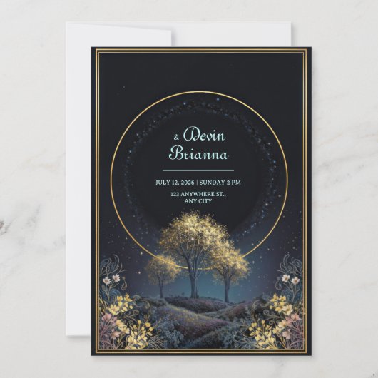 Glowing Gold Halo Midnight Forest Wedding 招待状 (正面)