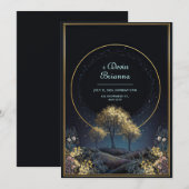 Glowing Gold Halo Midnight Forest Wedding 招待状 (正面/裏面)