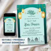 Glowing Golden Lanterns Teal Arch Iftar Invitation 招待状