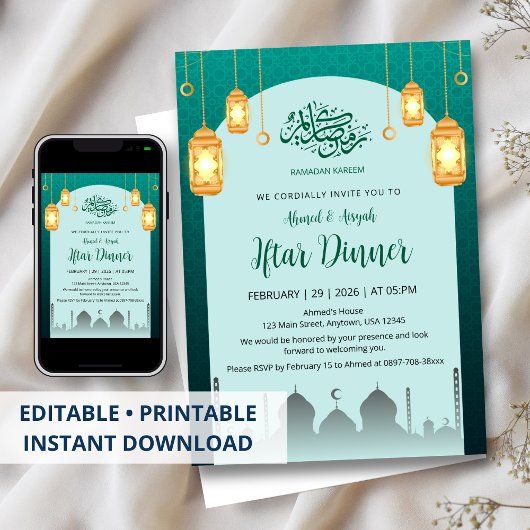 Glowing Golden Lanterns Teal Arch Iftar Invitation 招待状