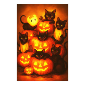 Glowing Halloween Pumpkin with Cute Black Cat フォトプリント