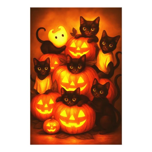 Glowing Halloween Pumpkin with Cute Black Cat フォトプリント (正面)