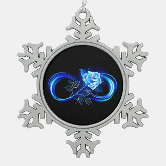Glowing infinity with blue rose スノーフレークピューターオーナメント (正面)