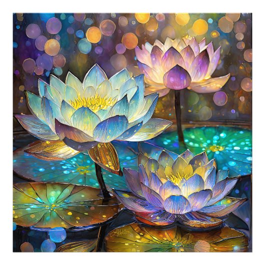 Glowing Lotus Flowers Trio フォトプリント (正面)