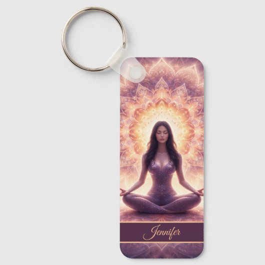 Glowing Mandala Meditation Woman Custom Name       キーホルダー (正面)