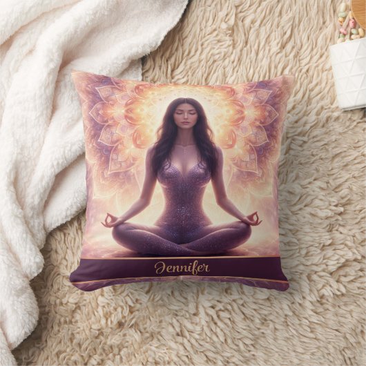 Glowing Mandala Meditation Woman Custom Name クッション (ブランケット)