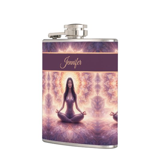Glowing Mandala Meditation Woman Custom Name フラスク (左)