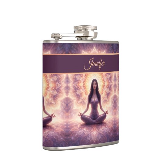 Glowing Mandala Meditation Woman Custom Name フラスク (右)