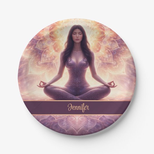 Glowing Mandala Meditation Woman Custom Name       ペーパープレート (正面)