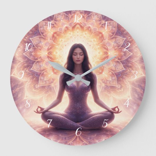 Glowing Mandala Meditation Woman Custom Name       ラージ壁時計 (正面)