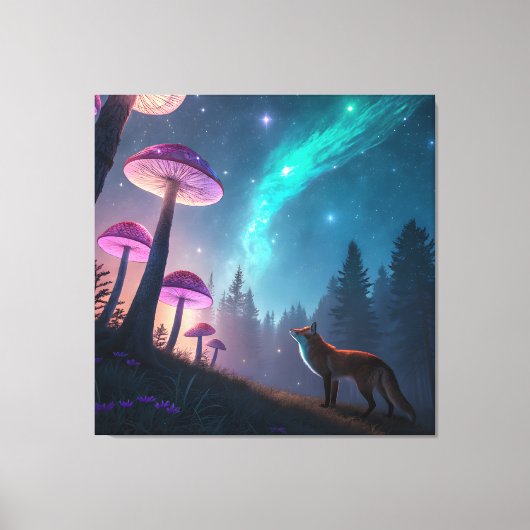 Glowing Mushroom Forest Fox Fantasy Art キャンバスプリント (正面)