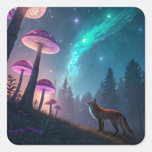 Glowing Mushroom Forest Fox Fantasy Art スクエアシール (正面)