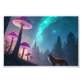 Glowing Mushroom Forest Fox Fantasy Art フォトプリント