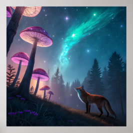 Glowing Mushroom Forest Fox Fantasy Art ポスター