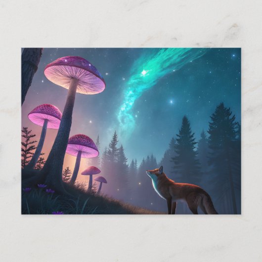 Glowing Mushroom Forest Fox Fantasy Art ポストカード (正面)
