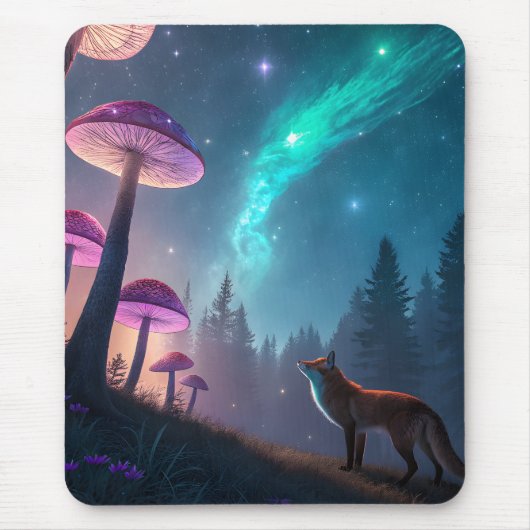Glowing Mushroom Forest Fox Fantasy Art マウスパッド (正面)