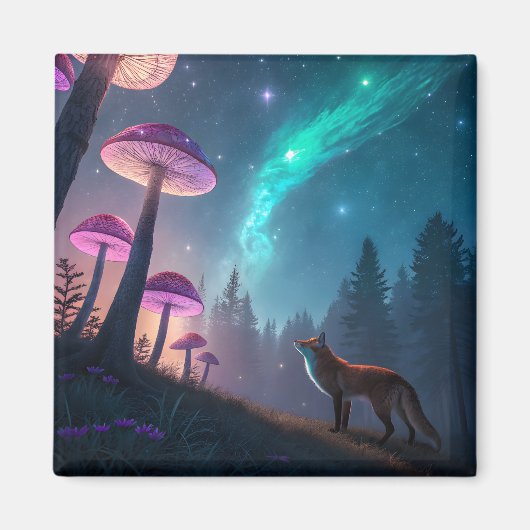 Glowing Mushroom Forest Fox Fantasy Art マグネット (正面)