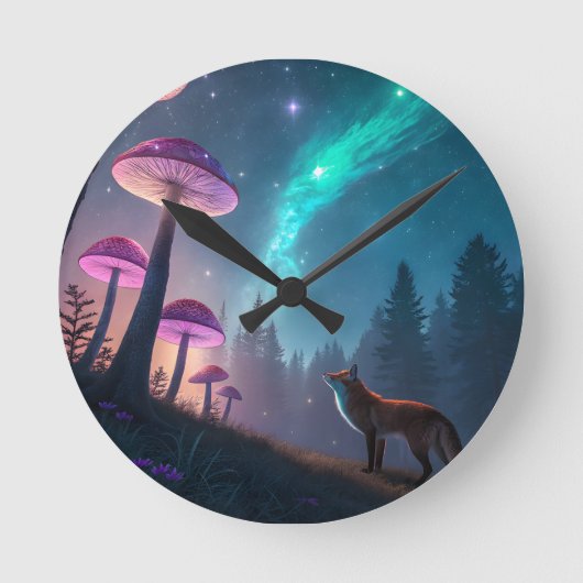 Glowing Mushroom Forest Fox Fantasy Art ラウンド壁時計 (正面)