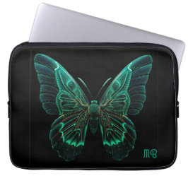 Glowing Neon Green Teal Butterfly Art ラップトップスリーブ