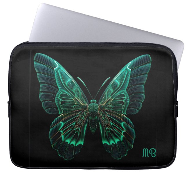 Glowing Neon Green Teal Butterfly Art ラップトップスリーブ (正面)