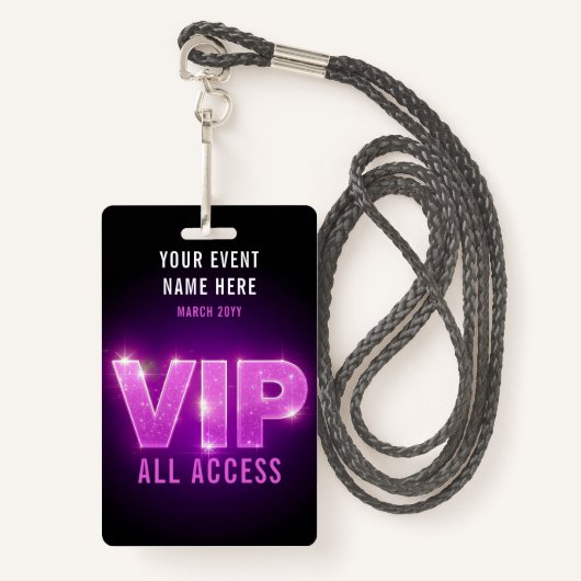 Glowing neon pink/purple VIP all access event バッジ (正面ランヤード)