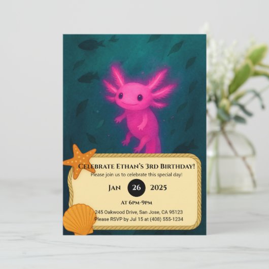 Glowing Pink Axolotl Underwater Birthday  招待状 (スタンド正面)