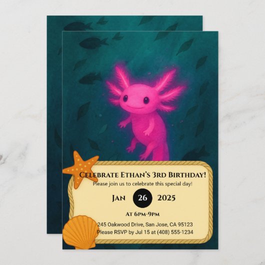 Glowing Pink Axolotl Underwater Birthday 招待状 (正面/裏面)