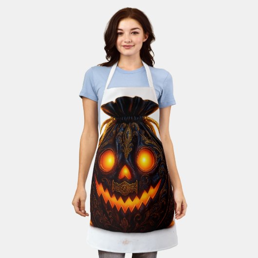Glowing Pumpkin Face Apron | Halloween Kitchen Fun エプロン (着用した状態)